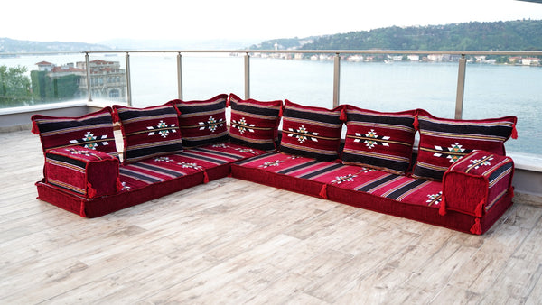 8'' dickes L-Sofa-Set, weinrotes Bodensitz-Set, arabisches Ecksofa, Bodenkissen, arabische Möbel, arabischer Majlis