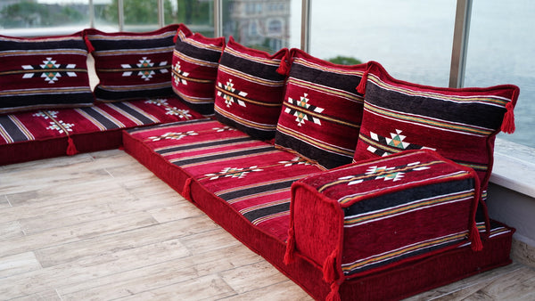 8'' dickes L-Sofa-Set, weinrotes Bodensitz-Set, arabisches Ecksofa, Bodenkissen, arabische Möbel, arabischer Majlis