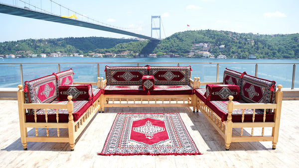 L Corner Arabic Wooden Bench Sofa Sets, Outdoor Furniture, Moroccan Bench Cushion, Patio Furniture, Yemeni Majlis, Bohemian Furniture, Floor Cushion Set