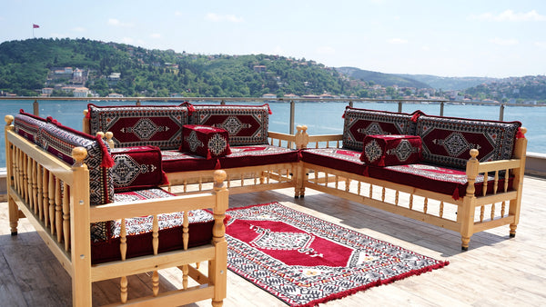 L Corner Arabic Wooden Bench Sofa Sets, Outdoor Furniture, Moroccan Bench Cushion, Patio Furniture, Yemeni Majlis, Bohemian Furniture, Floor Cushion Set