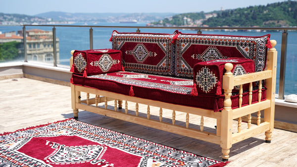 L Corner Arabic Wooden Bench Sofa Sets, Outdoor Furniture, Moroccan Bench Cushion, Patio Furniture, Yemeni Majlis, Bohemian Furniture, Floor Cushion Set