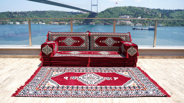 8'' Thickness Sofa Set, Palace Maroon Arabic Floor Cushions, Traditional Moroccan Sofa Seatings, Arabic Majlis, Boho Floor Sofa Set