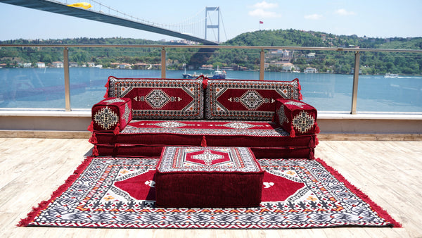 8'' Thickness Sofa Set, Palace Maroon Arabic Floor Cushions, Traditional Moroccan Sofa Seatings, Arabic Majlis, Boho Floor Sofa Set