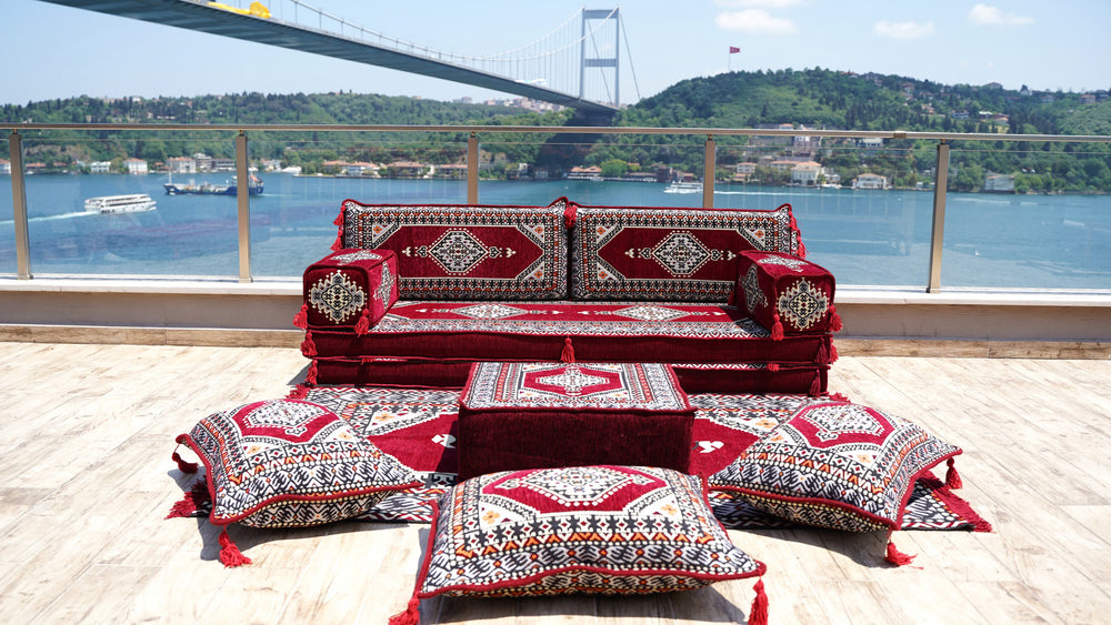 8'' Thickness Sofa Set, Palace Maroon Arabic Floor Cushions, Traditional Moroccan Sofa Seatings, Arabic Majlis, Boho Floor Sofa Set