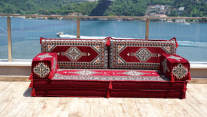 8'' Thickness Sofa Set, Palace Maroon Arabic Floor Cushions, Traditional Moroccan Sofa Seatings, Arabic Majlis, Boho Floor Sofa Set