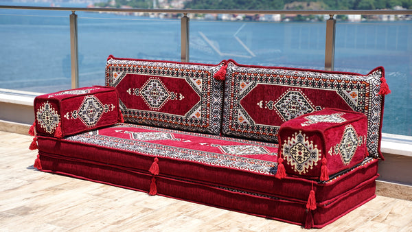 8'' Thickness Sofa Set, Palace Maroon Arabic Floor Cushions, Traditional Moroccan Sofa Seatings, Arabic Majlis, Boho Floor Sofa Set