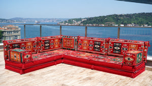Red Milas Breeze pattern L-shaped corner Arabic floor sofa set, photo 16 of 16