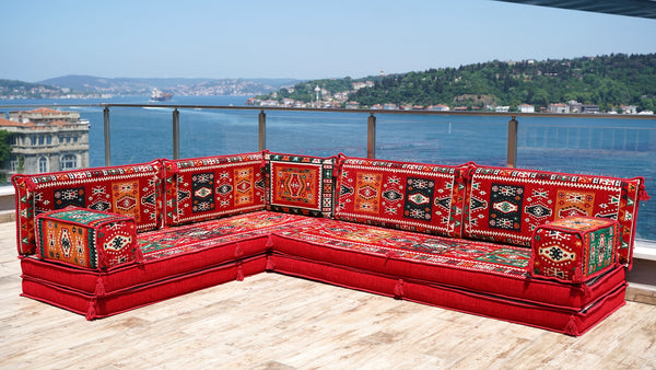 Red Milas Breeze pattern L-shaped corner Arabic floor sofa set, photo 16 of 16