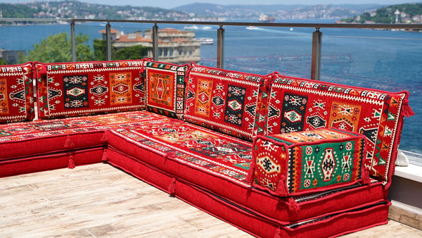 Red Milas Breeze pattern L-shaped corner Arabic floor sofa set, photo 17 of 17