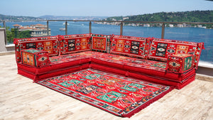 Red Milas Breeze pattern L-shaped corner Arabic floor sofa set, photo 14 of 16