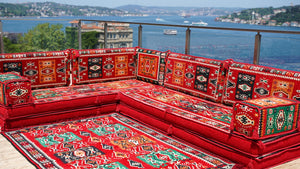 Red Milas Breeze pattern L-shaped corner Arabic floor sofa set, photo 15 of 16