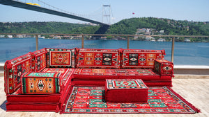 Red Milas Breeze pattern L-shaped corner Arabic floor sofa set, photo 13 of 16