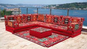 Red Milas Breeze pattern L-shaped corner Arabic floor sofa set, photo 12 of 16