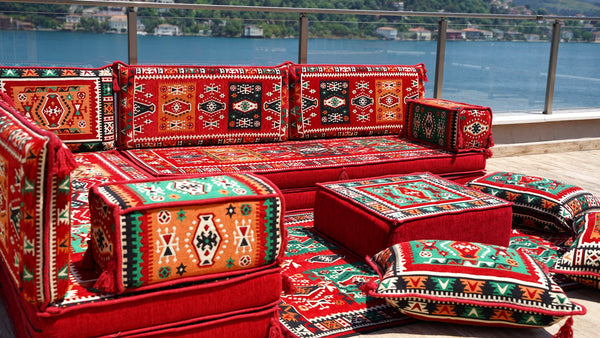 Red Milas Breeze pattern L-shaped corner Arabic floor sofa set, photo 11 of 16