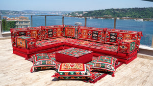 Red Milas Breeze pattern L-shaped corner Arabic floor sofa set, photo 10 of 16