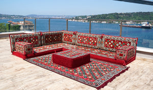 Rotes L-förmiges Bodensofa-Set, arabisches Majlis-Set, Bodenkissen, Bodensofa, Loveseats, Bankkissen, Balkon-Terrassensofa