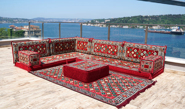Rotes L-förmiges Bodensofa-Set, arabisches Majlis-Set, Bodenkissen, Bodensofa, Loveseats, Bankkissen, Balkon-Terrassensofa