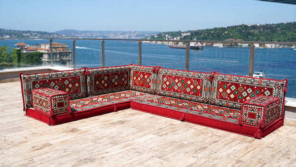 Rotes L-förmiges Bodensofa-Set, arabisches Majlis-Set, Bodenkissen, Bodensofa, Loveseats, Bankkissen, Balkon-Terrassensofa