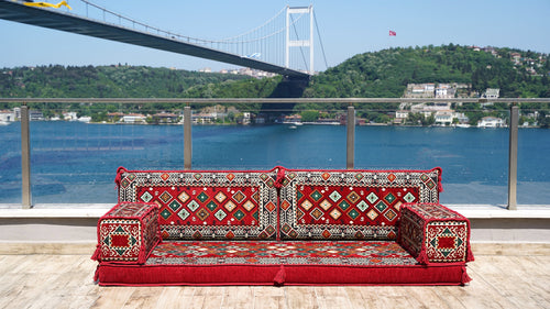 Rote farbenfrohe arabische Sofagarnitur, Orientsofa, Einzelsitzsofas, Eck-Boden-Sitzgruppe, Bodenkissen, Wohnzimmersofas, Einzelsitzsofas