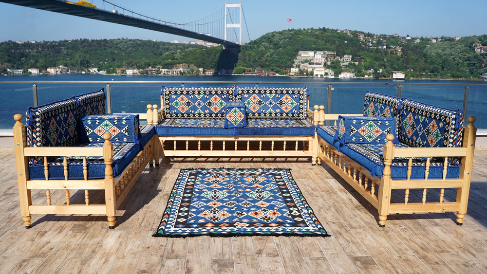 Royal Blue Arabic Sofa Seating Set, Yemeni Majlis, Arabic Majlis, Wooden Bench Sofa Sets, Sofa Seating Set, Outdoor Bench, Floor Cushions Set, Traditional Wooden Bench