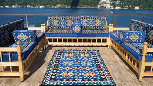 Royal Blue Arabic Sofa Seating Set, Yemeni Majlis, Arabic Majlis, Wooden Bench Sofa Sets, Sofa Seating Set, Outdoor Bench, Floor Cushions Set, Traditional Wooden Bench