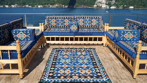 Royal Blue Arabic Sofa Seating Set, Yemeni Majlis, Arabic Majlis, Wooden Bench Sofa Sets, Sofa Seating Set, Outdoor Bench, Floor Cushions Set, Traditional Wooden Bench