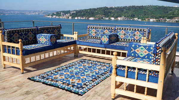 Royal Blue Arabic Sofa Seating Set, Yemeni Majlis, Arabic Majlis, Wooden Bench Sofa Sets, Sofa Seating Set, Outdoor Bench, Floor Cushions Set, Traditional Wooden Bench
