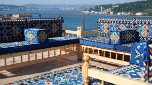 Royal Blue Arabic Sofa Seating Set, Yemeni Majlis, Arabic Majlis, Wooden Bench Sofa Sets, Sofa Seating Set, Outdoor Bench, Floor Cushions Set, Traditional Wooden Bench