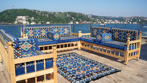 Royal Blue Arabic Sofa Seating Set, Yemeni Majlis, Arabic Majlis, Wooden Bench Sofa Sets, Sofa Seating Set, Outdoor Bench, Floor Cushions Set, Traditional Wooden Bench