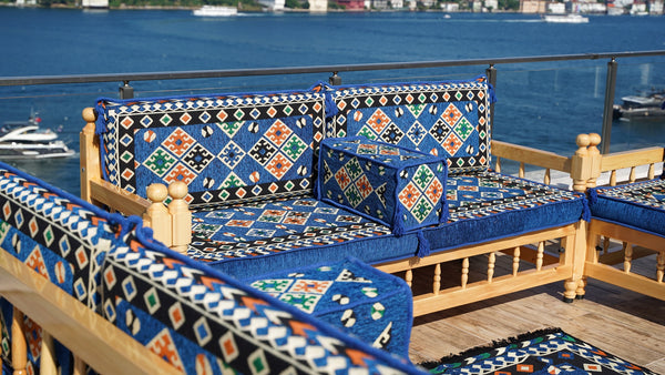 Royal Blue Arabic Sofa Seating Set, Yemeni Majlis, Arabic Majlis, Wooden Bench Sofa Sets, Sofa Seating Set, Outdoor Bench, Floor Cushions Set, Traditional Wooden Bench