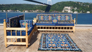 Royal Blue Arabic Sofa Seating Set, Yemeni Majlis, Arabic Majlis, Wooden Bench Sofa Sets, Sofa Seating Set, Outdoor Bench, Floor Cushions Set, Traditional Wooden Bench