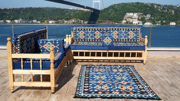Royal Blue Arabic Sofa Seating Set, Yemeni Majlis, Arabic Majlis, Wooden Bench Sofa Sets, Sofa Seating Set, Outdoor Bench, Floor Cushions Set, Traditional Wooden Bench