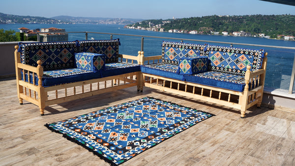 Royal Blue Arabic Sofa Seating Set, Yemeni Majlis, Arabic Majlis, Wooden Bench Sofa Sets, Sofa Seating Set, Outdoor Bench, Floor Cushions Set, Traditional Wooden Bench