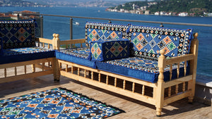 Royal Blue Arabic Sofa Seating Set, Yemeni Majlis, Arabic Majlis, Wooden Bench Sofa Sets, Sofa Seating Set, Outdoor Bench, Floor Cushions Set, Traditional Wooden Bench