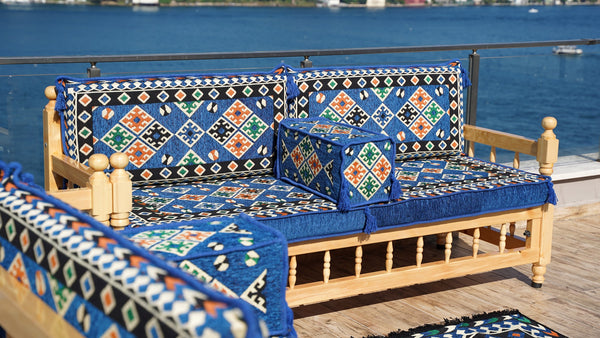 Royal Blue Arabic Sofa Seating Set, Yemeni Majlis, Arabic Majlis, Wooden Bench Sofa Sets, Sofa Seating Set, Outdoor Bench, Floor Cushions Set, Traditional Wooden Bench