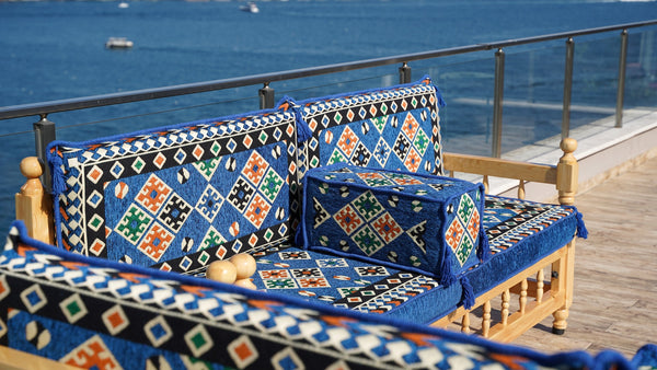Royal Blue Arabic Sofa Seating Set, Yemeni Majlis, Arabic Majlis, Wooden Bench Sofa Sets, Sofa Seating Set, Outdoor Bench, Floor Cushions Set, Traditional Wooden Bench