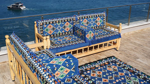 Royal Blue Arabic Sofa Seating Set, Yemeni Majlis, Arabic Majlis, Wooden Bench Sofa Sets, Sofa Seating Set, Outdoor Bench, Floor Cushions Set, Traditional Wooden Bench