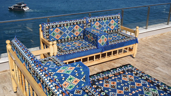 Royal Blue Arabic Sofa Seating Set, Yemeni Majlis, Arabic Majlis, Wooden Bench Sofa Sets, Sofa Seating Set, Outdoor Bench, Floor Cushions Set, Traditional Wooden Bench
