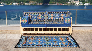 Royal Blue Arabic Sofa Seating Set, Yemeni Majlis, Arabic Majlis, Wooden Bench Sofa Sets, Sofa Seating Set, Outdoor Bench, Floor Cushions Set, Traditional Wooden Bench