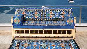 Royal Blue Arabic Sofa Seating Set, Yemeni Majlis, Arabic Majlis, Wooden Bench Sofa Sets, Sofa Seating Set, Outdoor Bench, Floor Cushions Set, Traditional Wooden Bench
