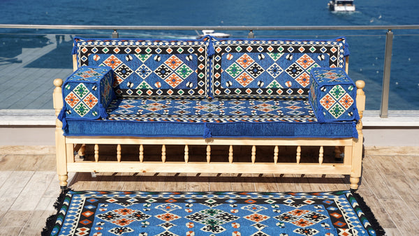 Royal Blue Arabic Sofa Seating Set, Yemeni Majlis, Arabic Majlis, Wooden Bench Sofa Sets, Sofa Seating Set, Outdoor Bench, Floor Cushions Set, Traditional Wooden Bench