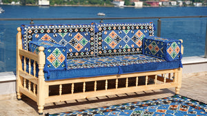 Royal Blue Arabic Sofa Seating Set, Yemeni Majlis, Arabic Majlis, Wooden Bench Sofa Sets, Sofa Seating Set, Outdoor Bench, Floor Cushions Set, Traditional Wooden Bench
