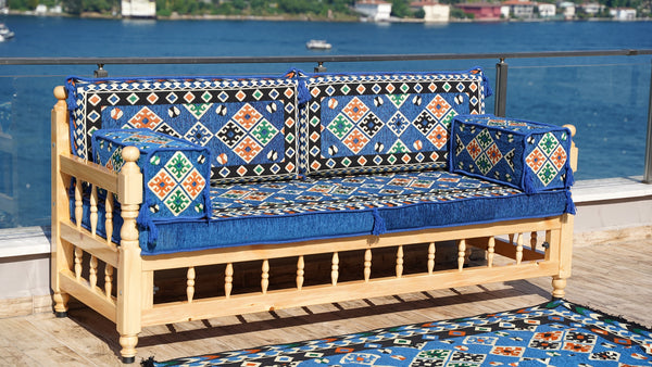 Royal Blue Arabic Sofa Seating Set, Yemeni Majlis, Arabic Majlis, Wooden Bench Sofa Sets, Sofa Seating Set, Outdoor Bench, Floor Cushions Set, Traditional Wooden Bench
