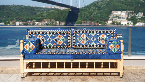Royal Blue Arabic Sofa Seating Set, Yemeni Majlis, Arabic Majlis, Wooden Bench Sofa Sets, Sofa Seating Set, Outdoor Bench, Floor Cushions Set, Traditional Wooden Bench