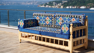 Royal Blue Arabic Sofa Seating Set, Yemeni Majlis, Arabic Majlis, Wooden Bench Sofa Sets, Sofa Seating Set, Outdoor Bench, Floor Cushions Set, Traditional Wooden Bench