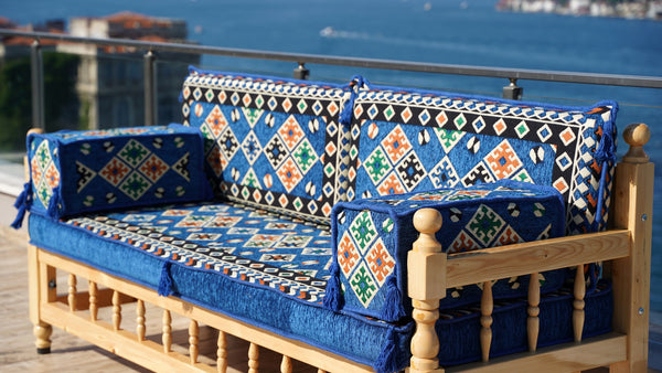 Royal Blue Arabic Sofa Seating Set, Yemeni Majlis, Arabic Majlis, Wooden Bench Sofa Sets, Sofa Seating Set, Outdoor Bench, Floor Cushions Set, Traditional Wooden Bench