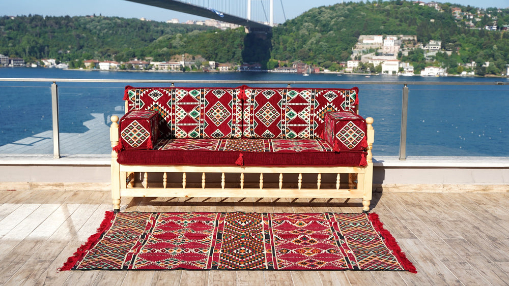 Maroon Moroccan Bench Cushions, Patio Benches, Garden Sofa Set, Yemeni Majlis, Wooden Bench Sofa Sets, Bench Pillow, Corner Sofa Set, Arabic Floor Seating, Moroccan Sofas