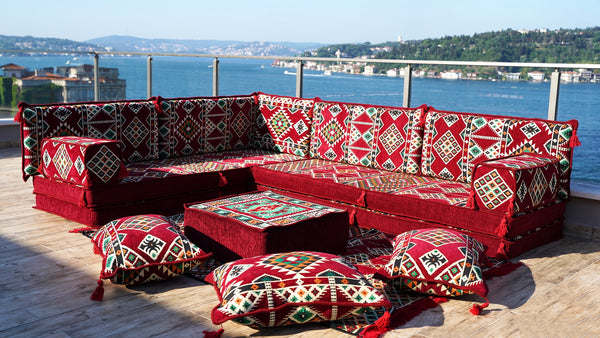 Maroon Arabisches Bodensofa, Bordeauxfarbenes Bodenkissen, 10 cm dickes Eck-Bodenkissen-Set, Gartensofa-Set
