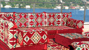 Maroon Arabisches Bodensofa, Bordeauxfarbenes Bodenkissen, 10 cm dickes Eck-Bodenkissen-Set, Gartensofa-Set