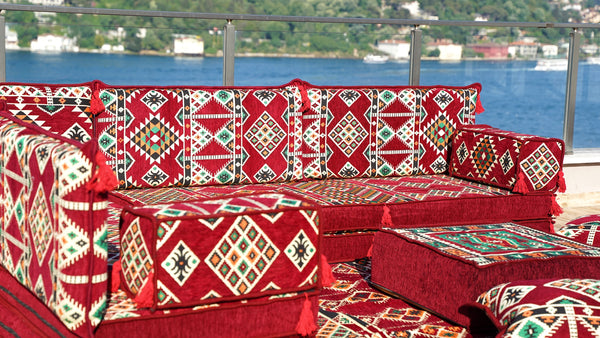 Maroon Arabisches Bodensofa, Bordeauxfarbenes Bodenkissen, 10 cm dickes Eck-Bodenkissen-Set, Gartensofa-Set